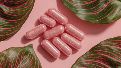 Pink Multivitamin Capsules and Tropical Leaves on Pink Background