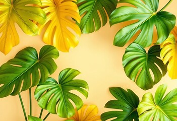 Golden Monstera deliciosa leaves artfully arranged on a beige backdrop forming a luxurious frame,  pattern,  green