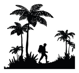 Adventurous Hiker Silhouette Among Tropical Plants and Palm Trees in Nature