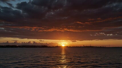 Obraz premium Dramatic sunset over a body of water. A fiery orange and yellow sun sets behind dark, stormy clouds, casting a warm glow on the tranquil water