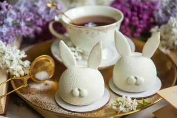 Spring on the table, Easter sweets in the form of rabbits and a porcelain cup, tea or coffee.