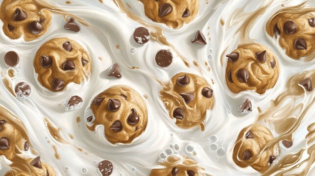 Chocolate chip cookies swirling in milk, studio shot, food advertising