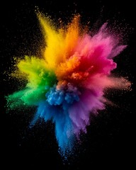 An explosion of colored powder highlighted on a black background. Colored background