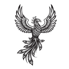 Fototapeta premium Majestic vintage art silhouette of a phoenix bird with spread wings and ornamental tail feathers