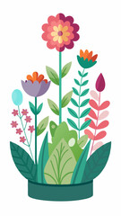 Colorful flat style flower garden illustration featuring a mix of purple, white, and lavender wildflowers with green leaves and plants