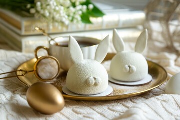 Spring on the table, Easter sweets in the form of rabbits and a porcelain cup, tea or coffee.