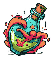 Colorful Potion Bottle with Splash and Stars in Vector Art Style