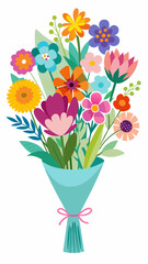 Colorful flat style flower garden illustration featuring a mix of purple, white, and lavender wildflowers with green leaves and plants