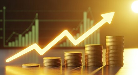 Gold coins stacks with upward arrow