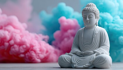 A serene Buddha statue meditating, surrounded by colorful smoke clouds, representing the concept of enlightenment and mysticism