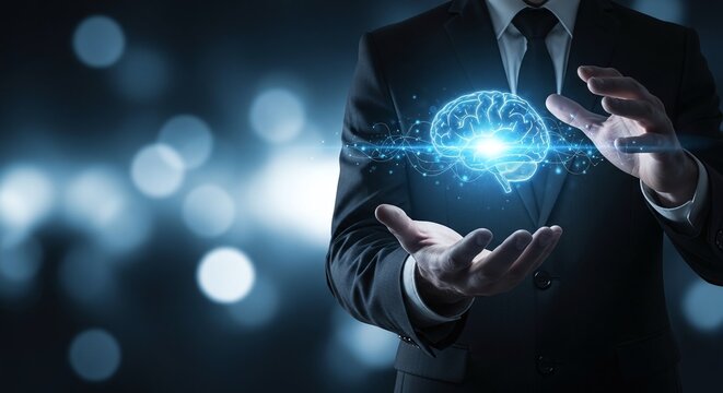 Businessman holding glowing brain hologram