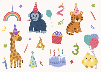 Naklejka premium Happy birthday set with cartoon animals. For birthday party, greeting card, invitation, event, poster, sticker, prints.