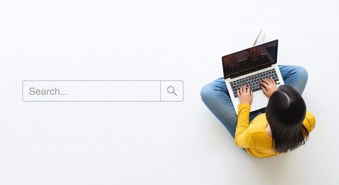 Woman using laptop, online search, white background