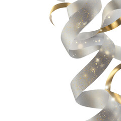 Silver Ribbon with Gold Glitter and Soft Lights on white background,png