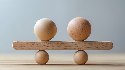 Two wooden balls balanced on a wooden plank, with one ball slightly larger than the other, placed on a wooden surface with a light-colored background.