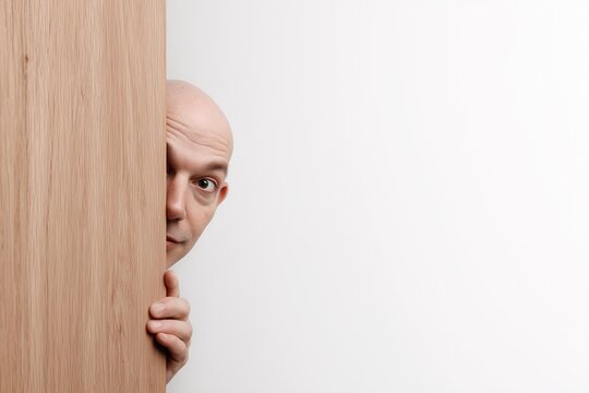 Curious bald person peeking from behind wooden doorframe on white background, conveying themes of secrecy, discovery, suspense, privacy, and human curiosity in minimalist, symbolic composition