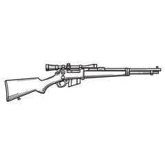 Vintage silhouette illustration of a bolt action sniper rifle with scope on a white background