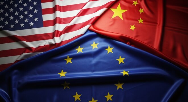 US, China, EU flags draped together