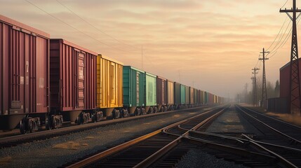 Fototapeta premium Vibrant freight trains create a bustling atmosphere in an American rail yard at dawn