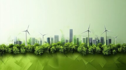 Green city skyline featuring wind turbines and lush trees promoting urban sustainability and ecological conservation efforts