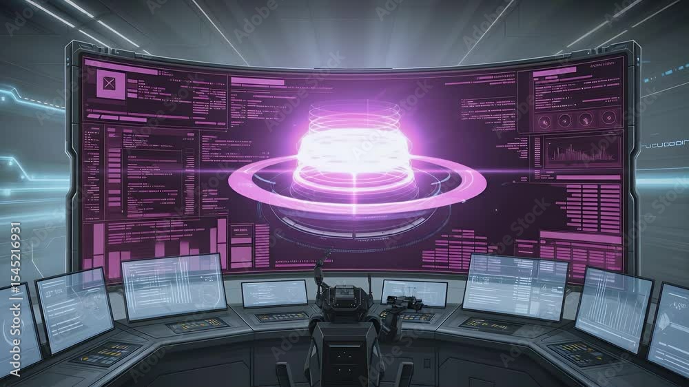 Poster high-tech command center: a futuristic, high-tech control center with rows of digital displays, show