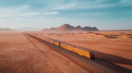 Freight train traverses the vast desert landscape of the American Southwest under a bright blue sky