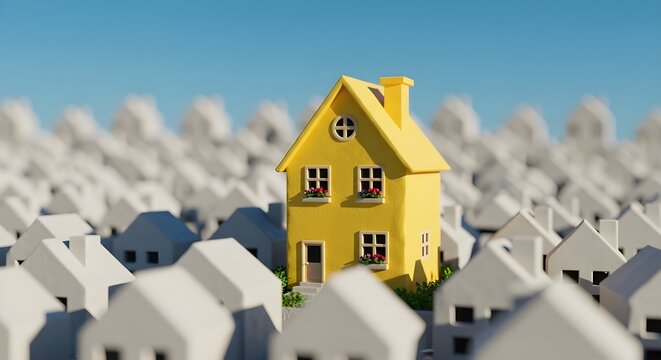 Una casa amarilla se destaca entre muchas casas grises, simbolizando la singularidad en los bienes ra&iacute;ces.
