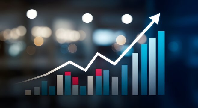 Una flecha que apunta hacia arriba en un gr&aacute;fico de barras financieras, que simboliza el crecimiento positivo, la mejora del mercado y las estrategias de inversi&oacute;n exitosas.