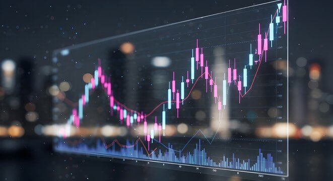 Una exhibición del mercado de valores que muestra la bandera y los datos financieros de los EE. UU., Con números en inglés en él, el fondo está borrosa para resaltar los detalles de un diseño de papel - Powered by Adobe