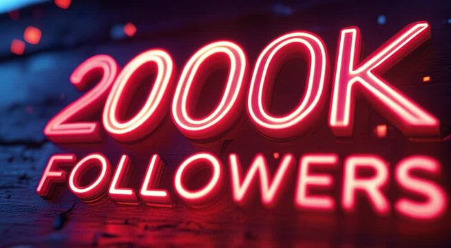 Neon sign celebrating 2000k followers on a dark textured background