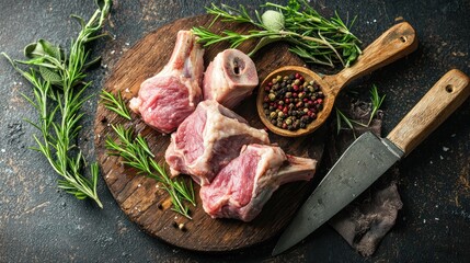 A wooden cutting board with raw lamb chops, fresh rosemary, and a wooden knife on a dark, textured surface.