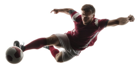  Football Athlete in Full Action Mid-Air – Spectacular Overhead Scissor Kick. Transparent Background Ideal for Energy, Focus, and Goal-Scoring Moments