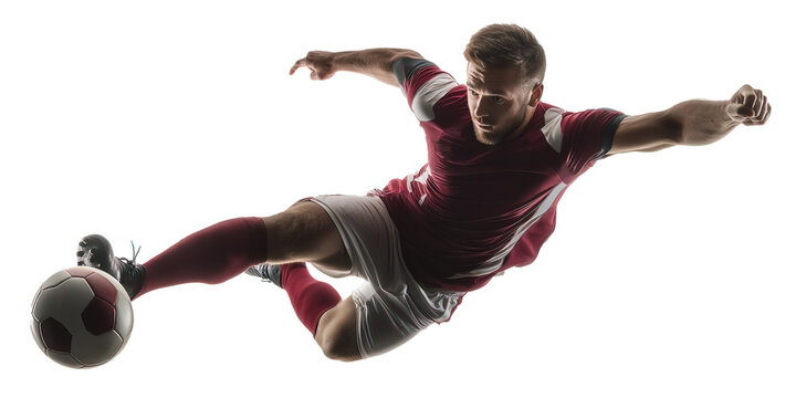 Football Athlete in Full Action Mid-Air – Spectacular Overhead Scissor Kick. Transparent Background Ideal for Energy, Focus, and Goal-Scoring Moments