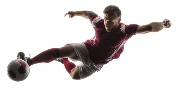  Football Athlete in Full Action Mid-Air – Spectacular Overhead Scissor Kick. Transparent Background Ideal for Energy, Focus, and Goal-Scoring Moments