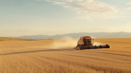Fototapeta premium Combine harvester efficiently harvesting golden wheat under a clear blue sky in late summer