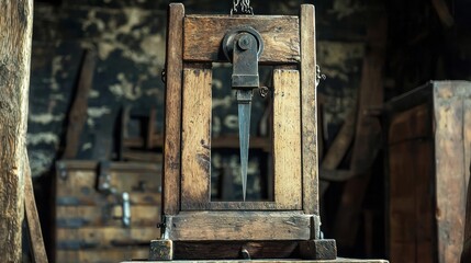 An old-fashioned wooden press, with a metal handle, sits on a wooden table in a rustic setting. The background is blurred, focusing attention on the press.