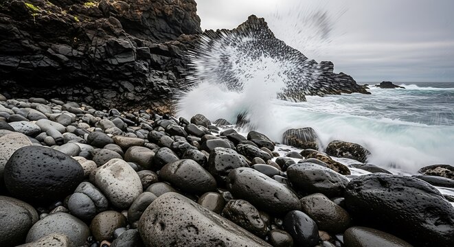 Ocean waves crashing on rocky coastline with dark stones