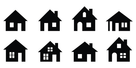 Minimal black silhouette icons of home and house types including apartment, suburban, and single-family residential structures