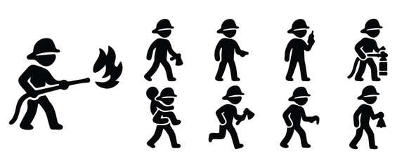Stickman firefighter and fire rescue silhouettes showing emergency response team, rescue actions, and firefighting scenes