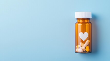 Amber pill bottle with heart symbol and capsules on blue background