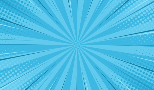 Vector comic book template with rays and halftone. Vintage background for superhero comic book posters. Blue background of a superhero comic book in pop art style. Vector EPS 10.