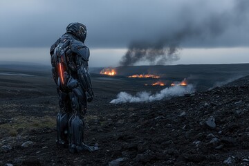 Naklejka premium Colossal robotic soldier stands amidst chaos in a war-torn landscape filled with smoke and destruction