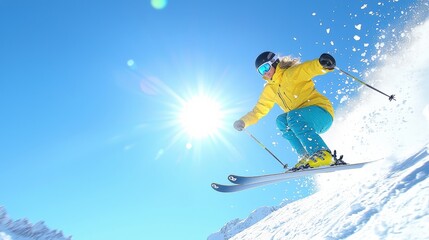 Bright sun, skier soaring a winter sports image