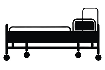 Black Hospital Bed Icon Silhouette, Featuring Wheels and Metal Headboard Design
