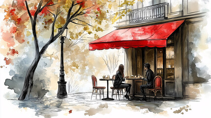 Couple talking at cozy street café with red awning and autumn trees.