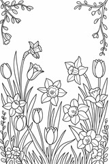 A black and white line drawing of daffodils and tulips with vines at the top corners of the image