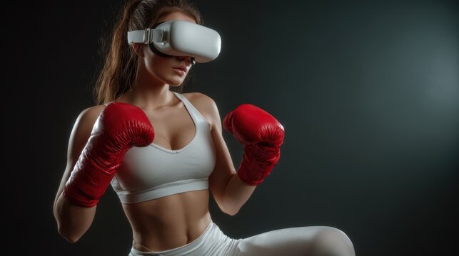 Young woman in white sportswear wearing VR headset and red boxing gloves training for virtual reality boxing digital sport and futuristic fitness
