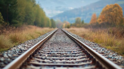 A railway track stretches into the distance, surrounded by a forest with autumn leaves, under a clear blue sky with a few clouds. The tracks are made of steel