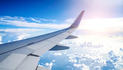 Fototapeta premium Airplane wing in blue sky and clouds.