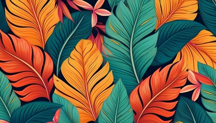 Fototapeta premium seamless pattern tropical background illustration of exotic summer leaf and plants in vivid colorful colors flat lay generative ai